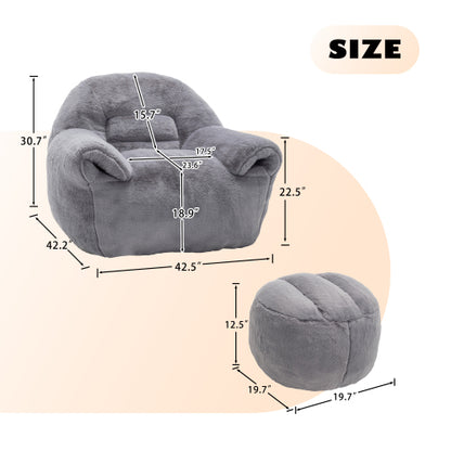 Grey Faux-Fur Bean-Bag Sofa Chair with Backrest & Footstool