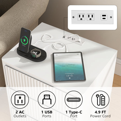 2 Pack White End Table, 3-Drawer Side Table with Fast USB-C Charging Station