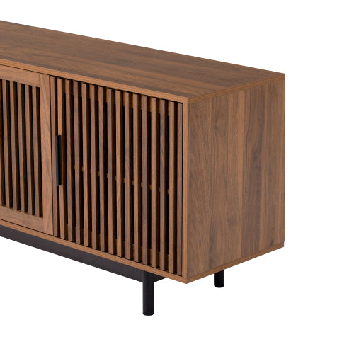 78.7 inch Walnut Slatted Door TV Stand Solid Rubber Wood Leg Media Console Holds 85 inch TV