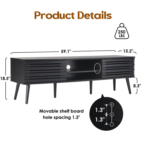 Mid Century Modern 70 inch TV Stand with Fluted Wood Storage Cabinet