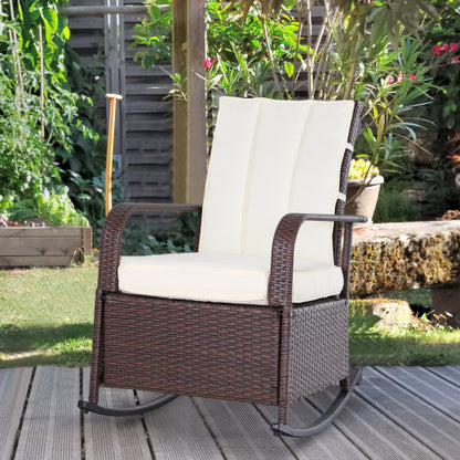 Outsunny Wicker Outdoor Rocking Chair, Patio Recliner with Adjustment Backrest, PE Rattan Lounge Chair with Adjustable Footrest and Cushions for Garden, Backyard, Porch, Beige