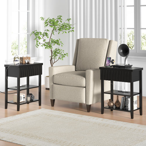 Black Fluted Nightstand Set of 2 with Charging Station, 20.1inchL*11.3inchW*25.3inchH