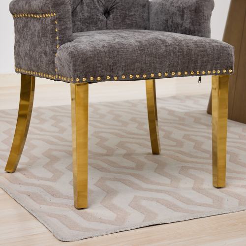 Tufted Chenille Dining Armchair with Nailhead Trim and Steel Legs, Gray