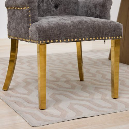 Tufted Chenille Dining Armchair with Nailhead Trim and Steel Legs, Gray