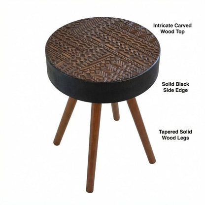 15.7inch  Mini Round Wooden Side Table, Brown & Black