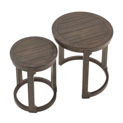 2PCS Solid Wood Round Side Table Set Mid Century Nesting Coffee Table Brown