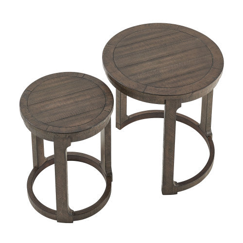 2PCS Solid Wood Round Side Table Set Mid Century Nesting Coffee Table Brown