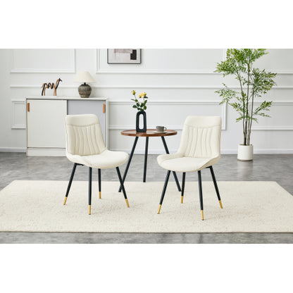 Set of 2 White Leathaire Tech Fabric Dining Chairs, Black Semi-Gloss Metal Leg Gold Trim Adjustable Non-Slip Feet Vertical Stitch High Back