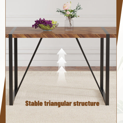 Retro Dining Table with Fishbone Textured Top & Black Metal Legs