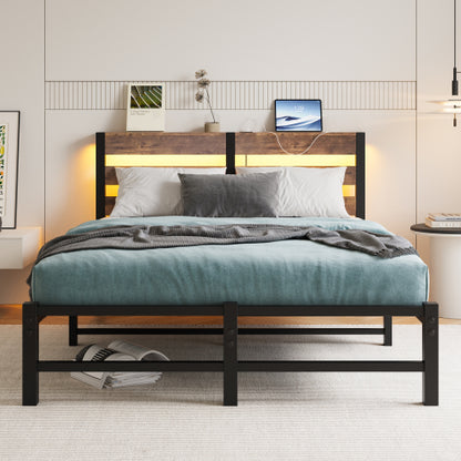 Full Size  Metal Bed Frame with Wooden Headboard, RGB Lights,  Charger, Storage Shelf, Noise-Free, No Box Spring Needed,Rustic Brown