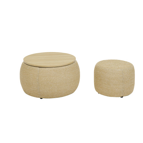 Natural Rattan Fabric Round Storage Ottoman with Inner Stool, 2 in 1 Footrest & Side Table, 25 inch x25 inch x14.7 inch