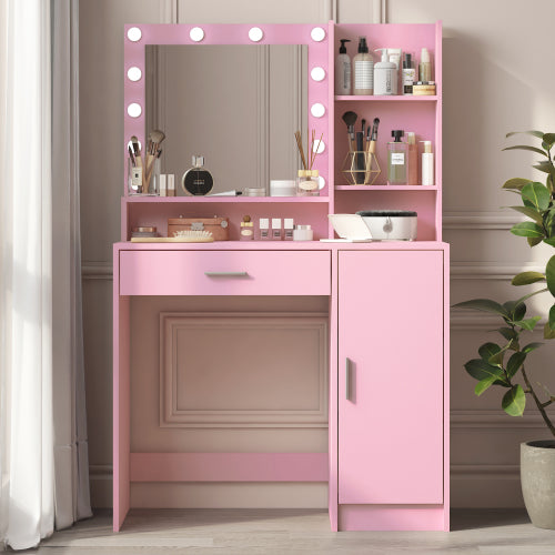 Pink Vanity Desk with Mirror & Light, 12 LED Bulbs, Large Drawer, 3 Shelves & 3-Level Cabinets, 3 Lighting Modes