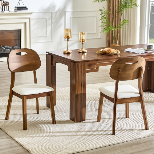 Set of 2 Walnut Solid Wood Dining Chairs, Curved Hollow Back with White PU Cushion