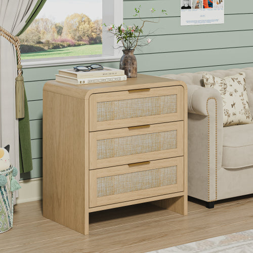 Rattan Nightstand 3 Drawers, 22.8inch  Wide Curved Wooden Bedside Table, Modern Storage for Bedroom, Natural Oak.