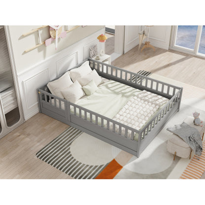 Full size  Floor bed, integral construction with super high security barrier, door, children's floor bed frame, Montessori wooden children's floor bed, Support slat Grey