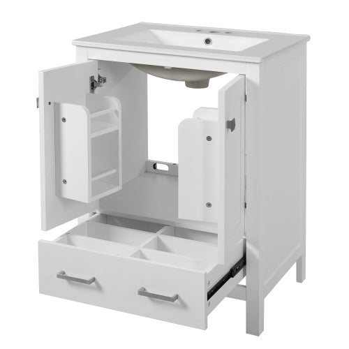 24-inch bathroom vanity with integrated undermount basin and a storage cabinet featuring 2 doors and 1 drawer. Includes double-layer door shelf, soft-close design, and versatile storage solutions