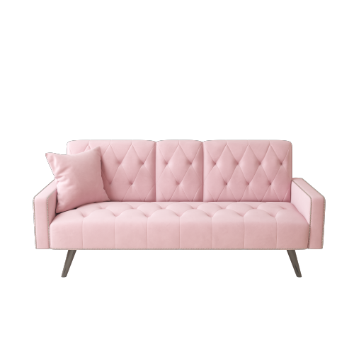 72-Inch Pink Velvet Convertible Sofa-Bed with Nail-Head Trim Dual Cup-Holders for Small-Space Living-Room