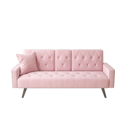 72-Inch Pink Velvet Convertible Sofa-Bed with Nail-Head Trim Dual Cup-Holders for Small-Space Living-Room