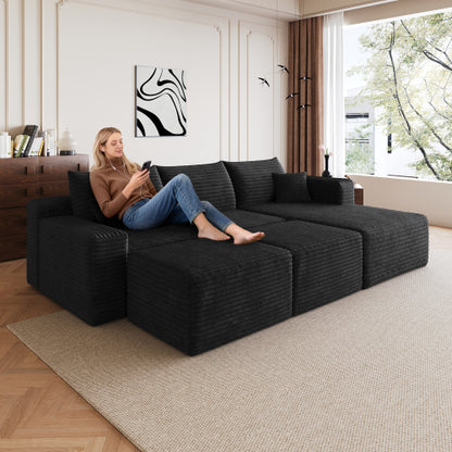 95-Inch Black Plush Corduroy U-Shaped Cloud Sectional Sofa with 2 Ottomans, Deep-Seat Corner Couch No-Assembly for Living-Room