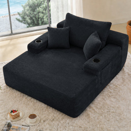 Black Convertible Corduroy Boneless Chaise Lounge Sleeper Sofa-Bed Wide Armrest Cup-Holder & Throw Pillows No-Assembly