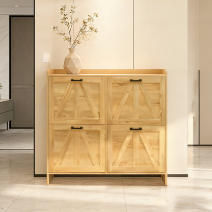 Light Oak Rustic Barn-Door Shoe Cabinet with 4 Flip Drawers, Sleek Space-Saving Entryway Organizer for Living Room