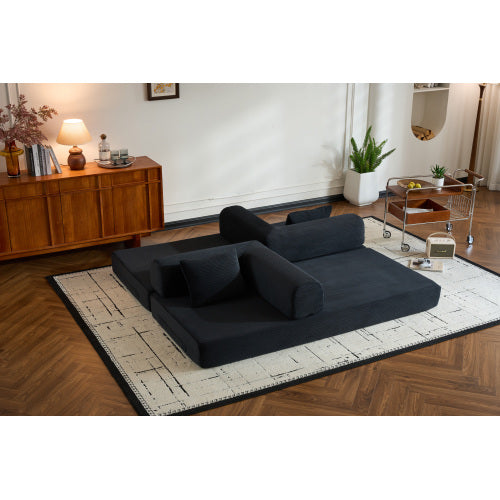 Corduroy Convertible Sleeper Sofa-Bed Fixed-Shape Metal-Frame Floor Lounge Couch with Cylindrical Pillow No-Assembly