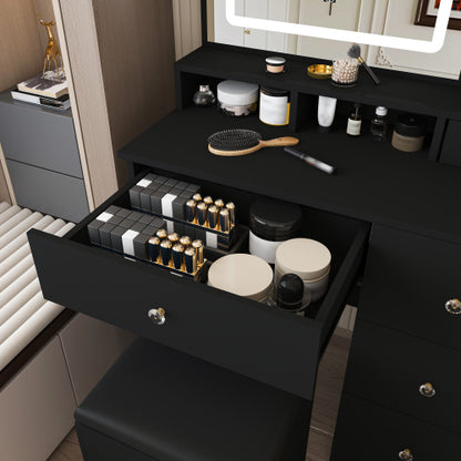 Fashion Vanity Desk w/ 3-Color Dimmable LED Mirror, 4 Silent Sliding Drawers, Open Shelf for Bedroom, Black