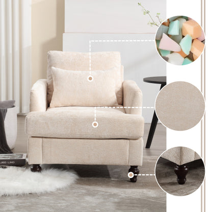 Beige Chenille Tufted Studded Wood-Frame Mid-Century Accent Chair