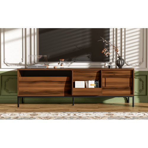 Modern 75 Inch TV Stand with Sliding Doors Walnut Media Console
