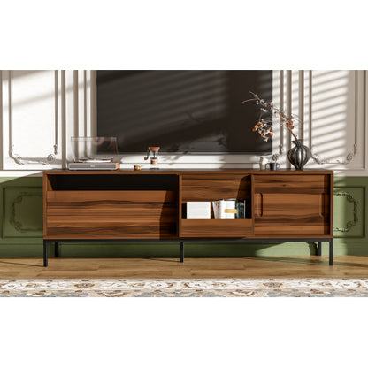 Modern 75 Inch TV Stand with Sliding Doors Walnut Media Console