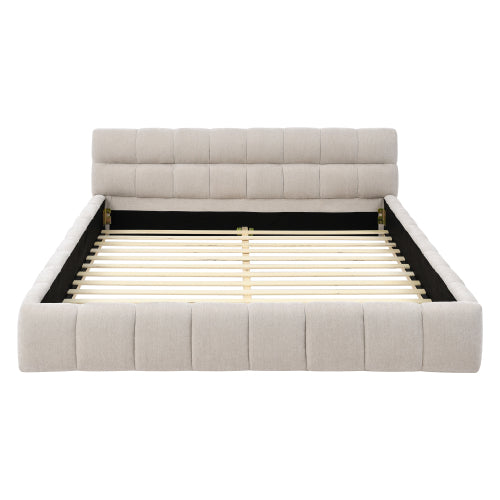 Queen Size Upholstered Bed Frame with Thick Fabric, Chenille Fabric Grounded Queen Size Platform Bed with Headboard and Solid Frame. No Box Spring Needed, Beige(68inch *86.5inch *23.5inch )