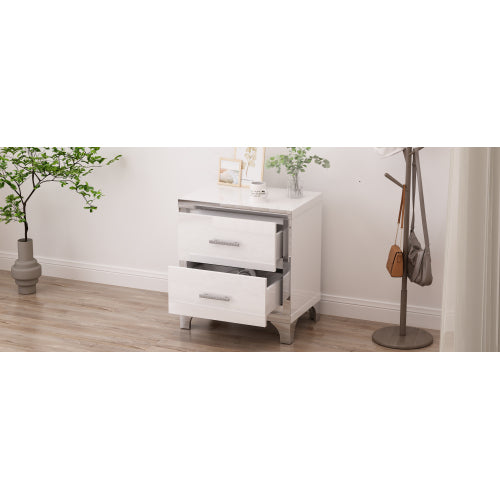 Elegant High Gloss Nightstand with Metal Handle,Mirrored Bedside Table with 2 Drawers for Bedroom,Living Room,White
