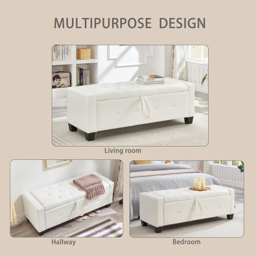 48'' Storage Ottoman Bench Tufted Faux Leather Upholstered Bench Ivory White
