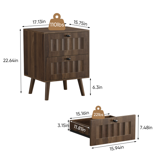 2-Pack Walnut Medieval Retro Nightstand, 2 Drawers with Solid Wood Legs & Silent Slides