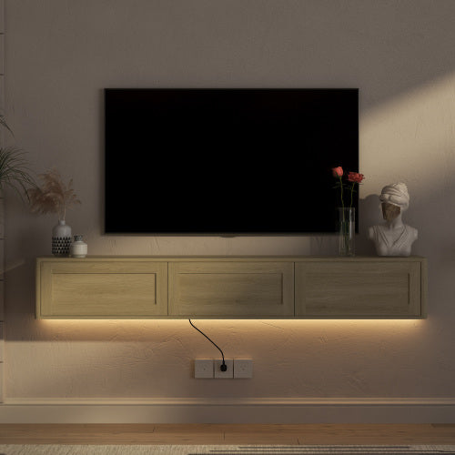 Wood Floating Wall Mount High Gloss TV Cabinet with 16 Color LED Lights & Built-in Power Ports