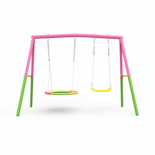 Swing Set for Backyard, 330lbs Swing Set with Heavy-Duty A-Frame Metal Outdoor Swing Stand, 1 Saucer Swing Seat & 1 Belt Swings Seat
