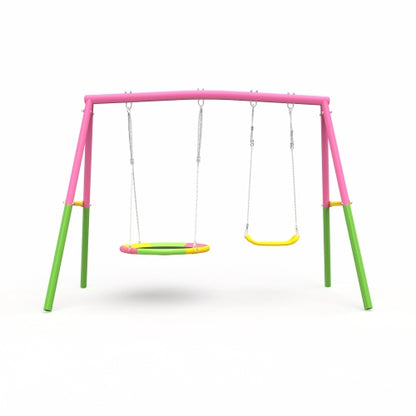 Swing Set for Backyard, 330lbs Swing Set with Heavy-Duty A-Frame Metal Outdoor Swing Stand, 1 Saucer Swing Seat & 1 Belt Swings Seat