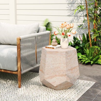 Outdoor/Indoor Lightweight Concrete Side Table,Hexagonal Round Travertine Accent Table