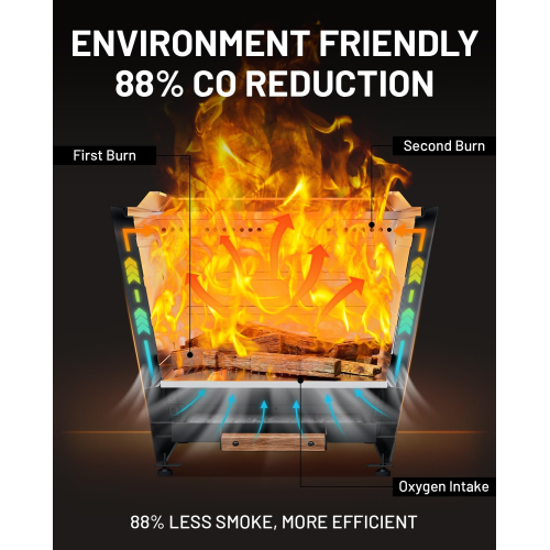 Cyberpit One Pro 25 inch Smokeless Fire Pit, Wood Burning Fireplaces w/Pull-Out Ash Pan, Portable Outdoor Firepits, Carry Handle for Backyard Patio Camping, Stainless Steel, Black