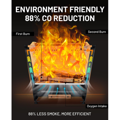 Cyberpit One Pro 25 inch Smokeless Fire Pit, Wood Burning Fireplaces w/Pull-Out Ash Pan, Portable Outdoor Firepits, Carry Handle for Backyard Patio Camping, Stainless Steel, Black