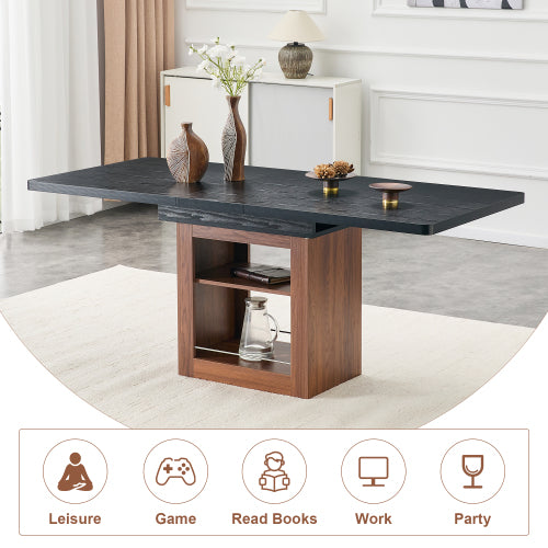 Expandable MDF Dining Table with Storage, Black Tabletop