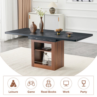 Expandable MDF Dining Table with Storage, Black Tabletop