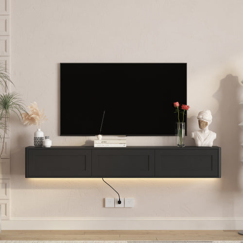 Black Floating Wall Mount High Gloss TV Stand with 16 Color LED Lights & Integrated Power Outlet