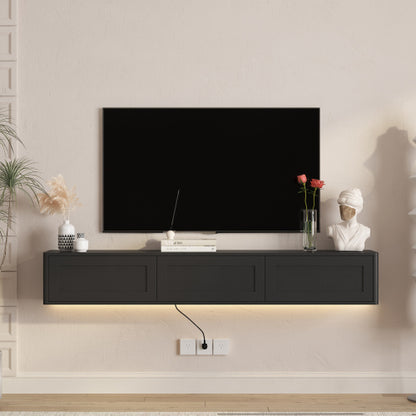Black Floating Wall Mount High Gloss TV Stand with 16 Color LED Lights & Integrated Power Outlet