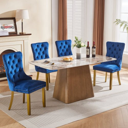 Mid-Century Modern Velvet Dining Chairs Set of 2 with Lion Head Pull Ring, Tufted Upholstered Chair, Blue