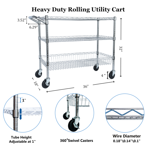 Heavy Duty Rolling Utility Cart,3 Tier Rolling Carts with Wheels,with Handle Bar  Shelf Liners,Storage Cart for Kitchen,Restaurant,Plant Display,Chrome