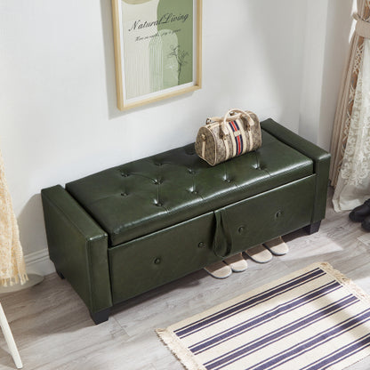 48'' Storage Ottoman Bench Tufted Faux Leather Upholstered Bench Dark Green
