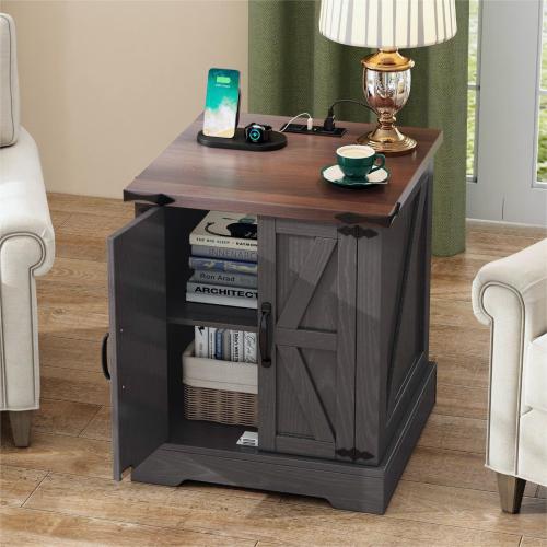 Farmhouse End Table with Charging Station, Rustic Nightstand with Barn Doors and Adjustable Shelf, Walnut Top Grey Cabinet