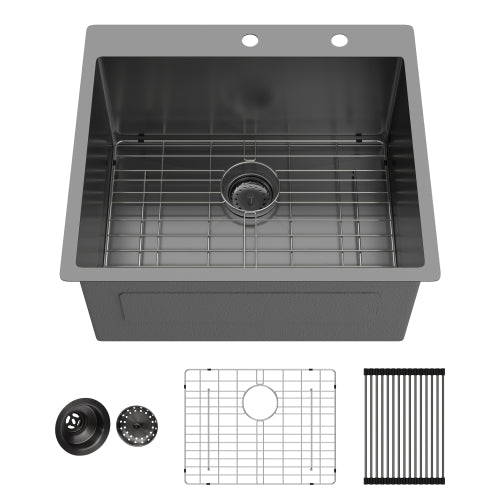 Laundry Sink Drop In - 25" x 22" x 12" Laundry Utility Sink 16 Gauge Stainless Steel Drop In Topmount Gunmetal Black 12 Inch Deep Single Bowl Above Counter Utility Laundry Room Sink Basin