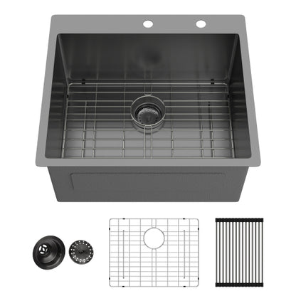 Laundry Sink Drop In - 25" x 22" x 12" Laundry Utility Sink 16 Gauge Stainless Steel Drop In Topmount Gunmetal Black 12 Inch Deep Single Bowl Above Counter Utility Laundry Room Sink Basin